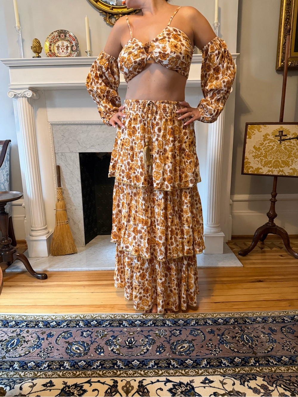 Bohemian Tiered Maxi Skirt in Mustard Floral
